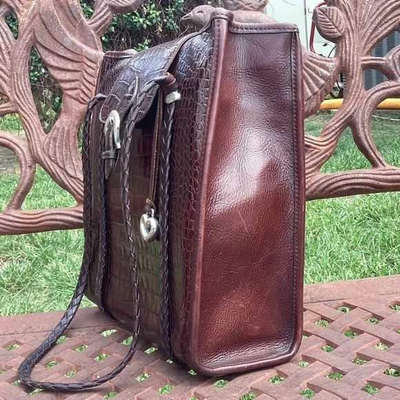Vintage Brighton Mahogany Silver Flap Top Croc Embossed Leather Messenger Bag - Picture 3 of 9